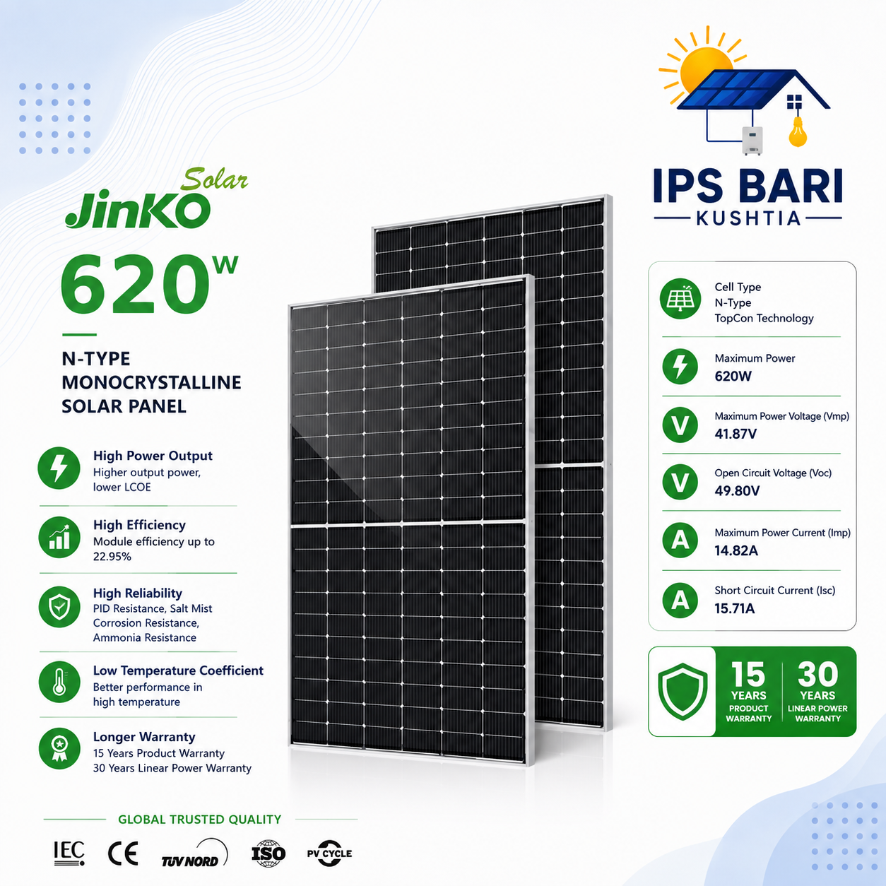 Jinko 620W Tiger Neo JKM620N-66HL4M-BDV Bifacial Solar Panel price in bangladesh